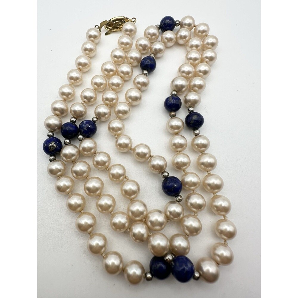 Vintage Genuine Lapis Lazuli Bead Faux Pearl Necklace 31”